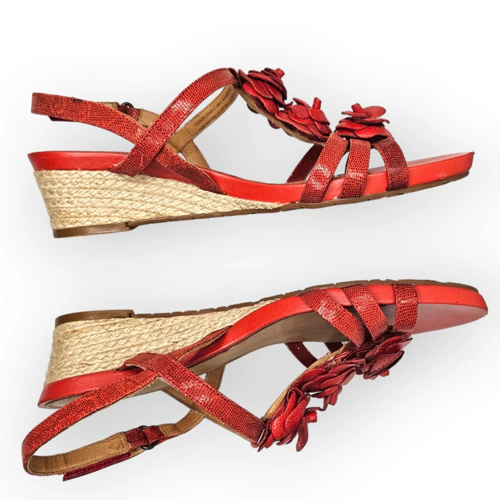 Nurture Red Leather Espadrille Wedge Sandal With Floral Accents Size 11 M